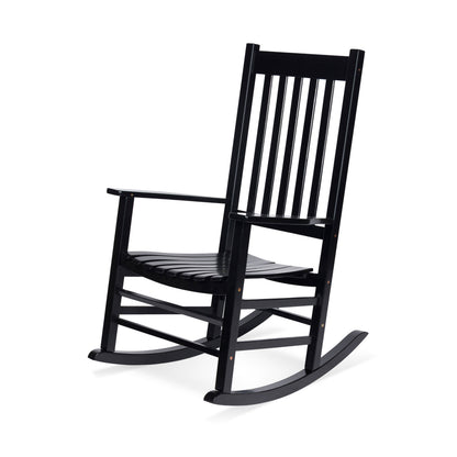 A black wooden rocking chair with a slatted back and seat, shown at a three-quarter angle on a plain white background. 