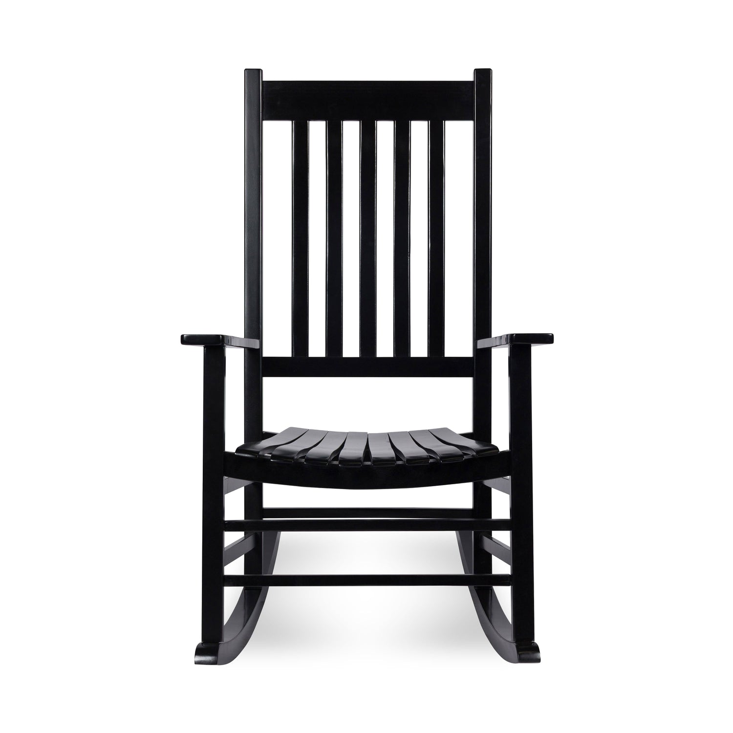A black wooden rocking chair with a high slatted backrest, wide armrests, and a curved slatted seat, shown against a plain white background. 
