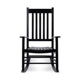 A black wooden rocking chair with a high slatted backrest, wide armrests, and a curved slatted seat, shown against a plain white background. 