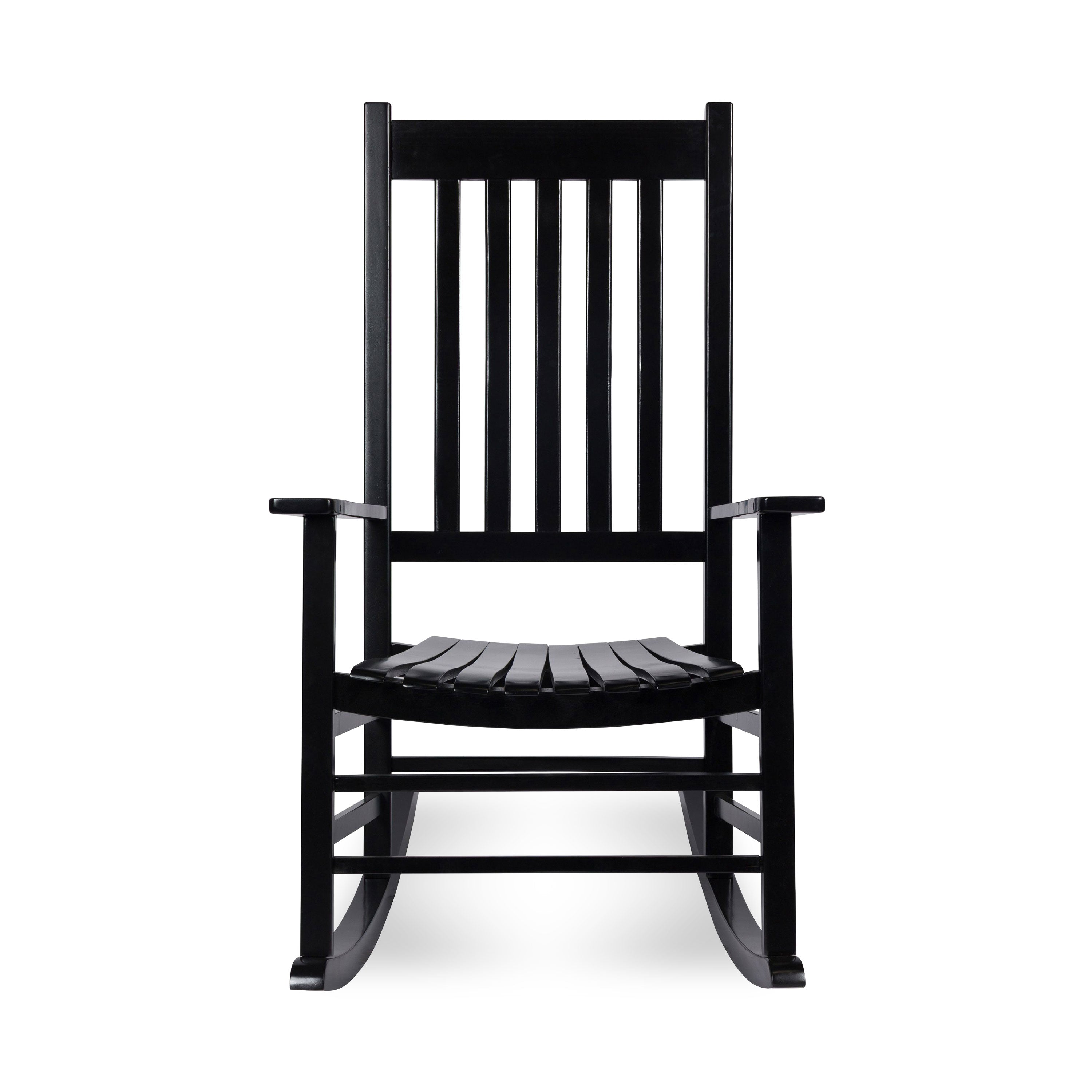 A black wooden rocking chair with a high slatted backrest, wide armrests, and a curved slatted seat, shown against a plain white background. 