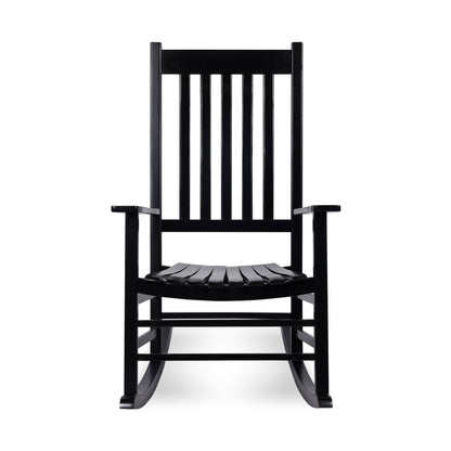 A black wooden rocking chair with a high slatted backrest, wide armrests, and a curved slatted seat, shown against a plain white background. 