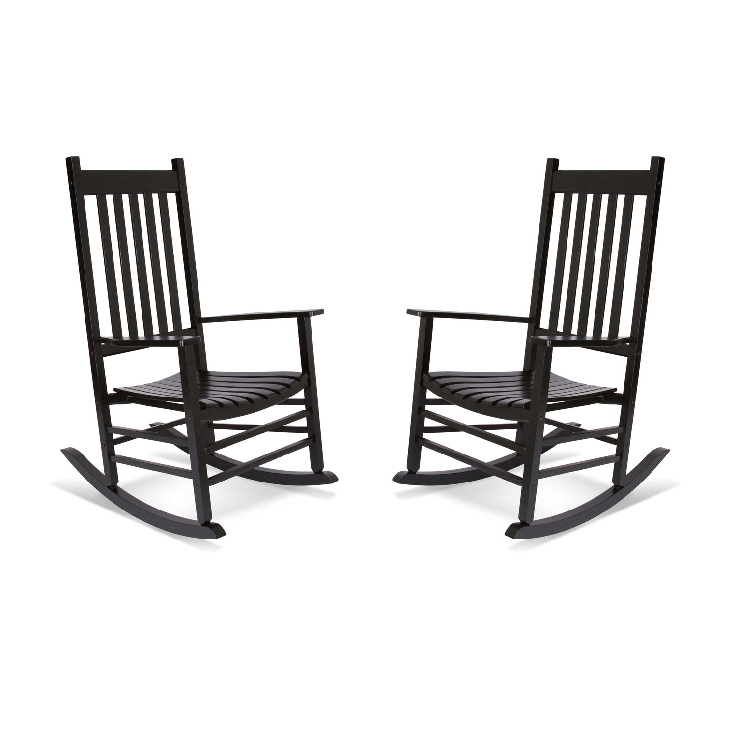 Two black rocking chairs on a white background 