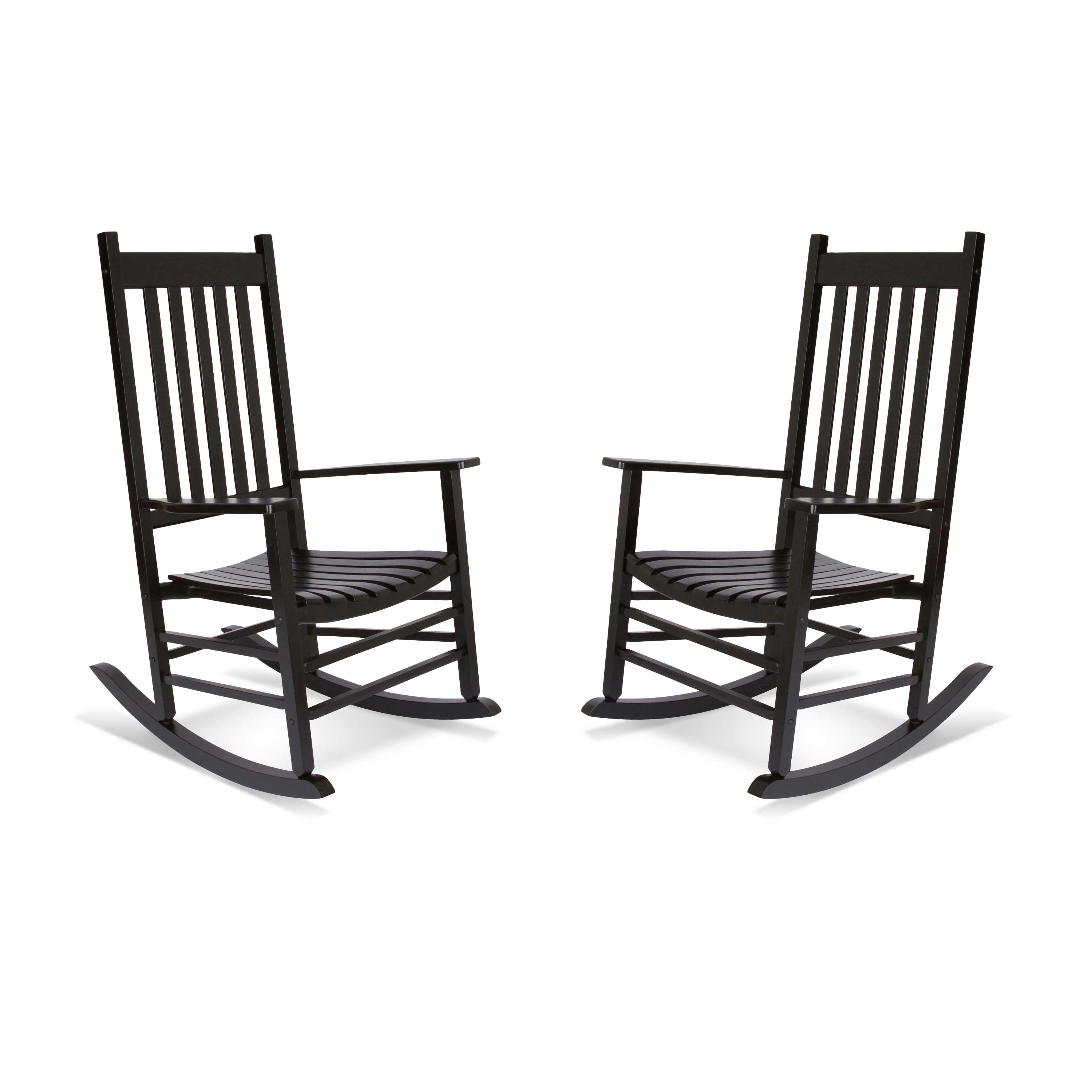 Two black rocking chairs on a white background 