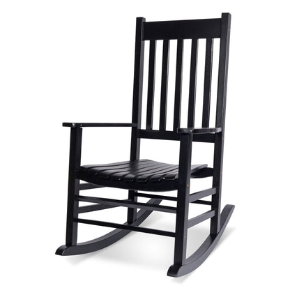 A classic black wooden rocking chair with a slatted backrest and seat, shown from a three-quarter angle on a white background. 