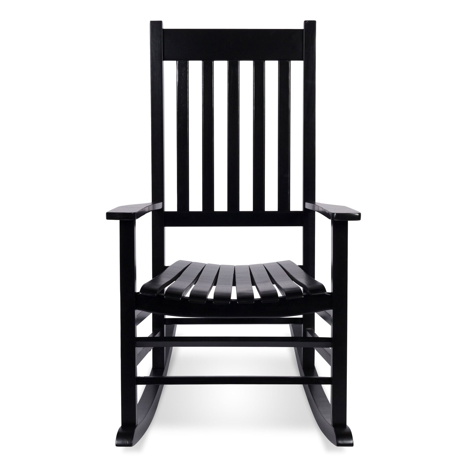 A classic black wooden rocking chair with a tall slatted backrest, wide armrests, and a slatted seat, shown against a plain white background. 