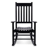 A classic black wooden rocking chair with a tall slatted backrest, wide armrests, and a slatted seat, shown against a plain white background. 