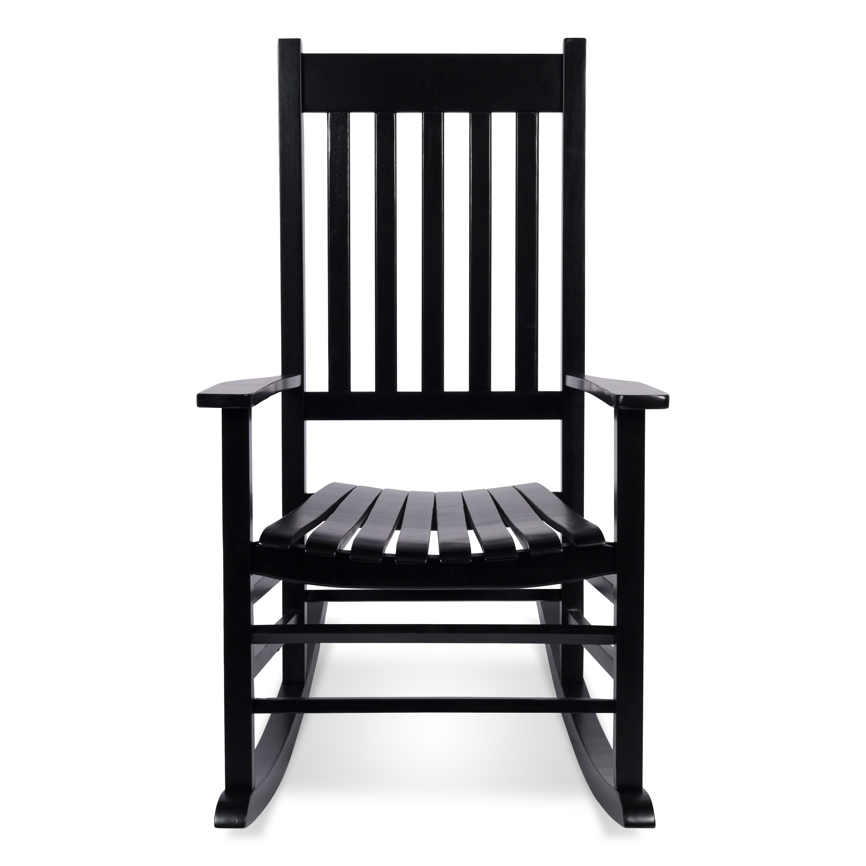 A classic black wooden rocking chair with a tall slatted backrest, wide armrests, and a slatted seat, shown against a plain white background. 