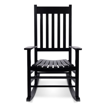A classic black wooden rocking chair with a tall slatted backrest, wide armrests, and a slatted seat, shown against a plain white background. 