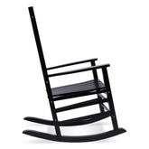 A black wooden rocking chair shown from a side angle against a plain white background. 