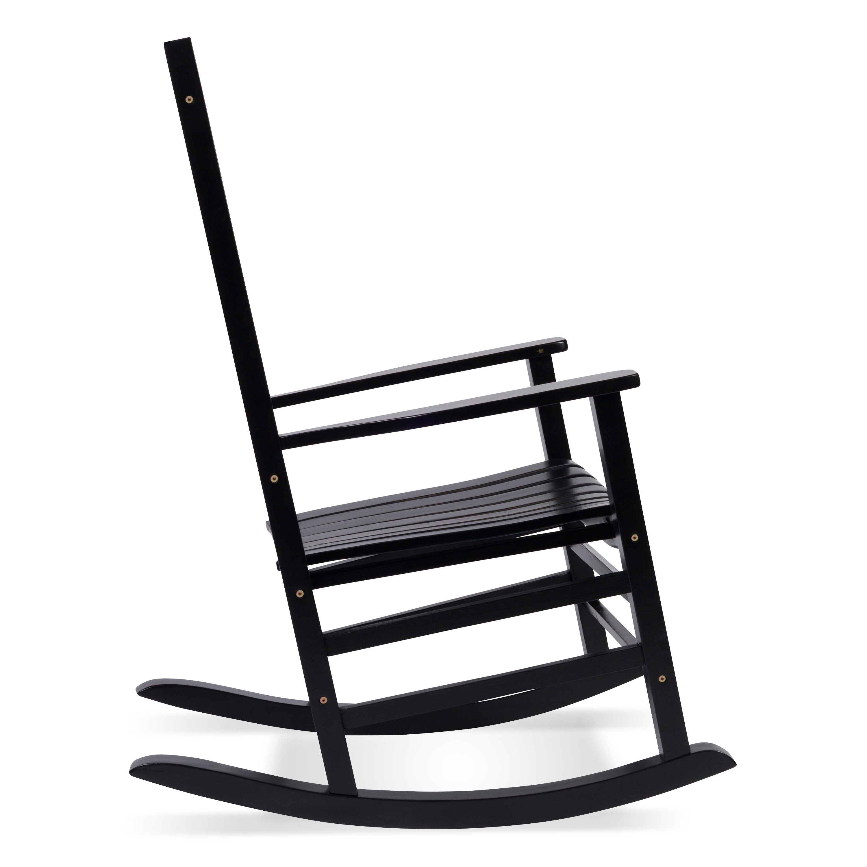 A black wooden rocking chair shown from a side angle against a plain white background. 