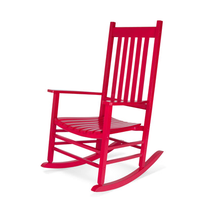 A bright red wooden rocking chair with a high slatted backrest and curved rockers, shown on a plain white background. 