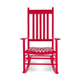 A bright red wooden rocking chair with a slatted back and seat, shown from the front against a plain white background. 