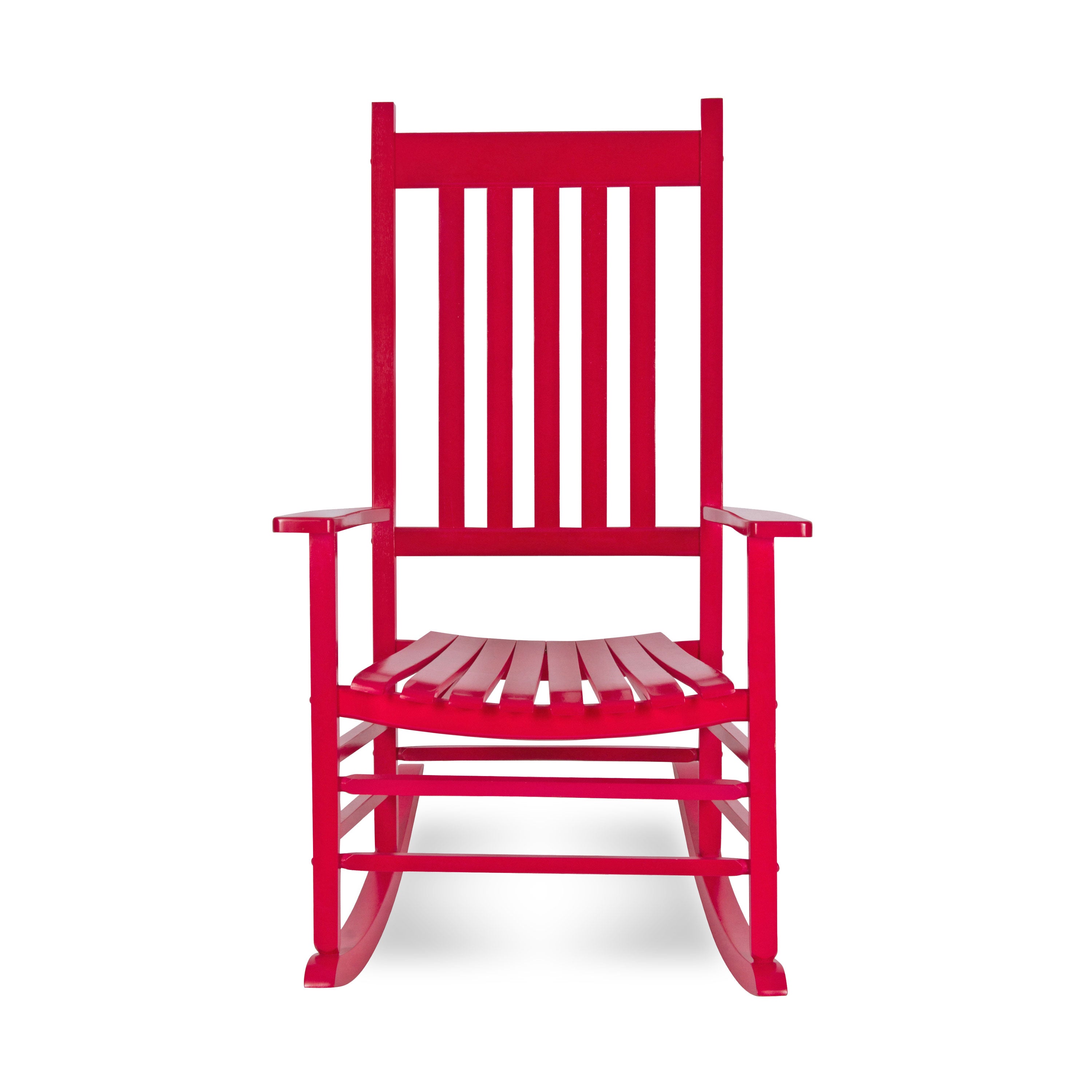 A bright red wooden rocking chair with a slatted back and seat, shown from the front against a plain white background. 
