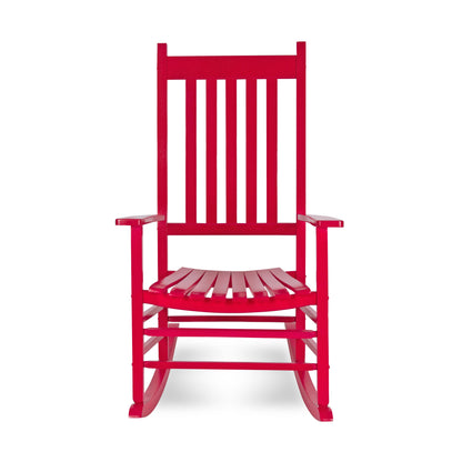 A bright red wooden rocking chair with a slatted back and seat, shown from the front against a plain white background. 