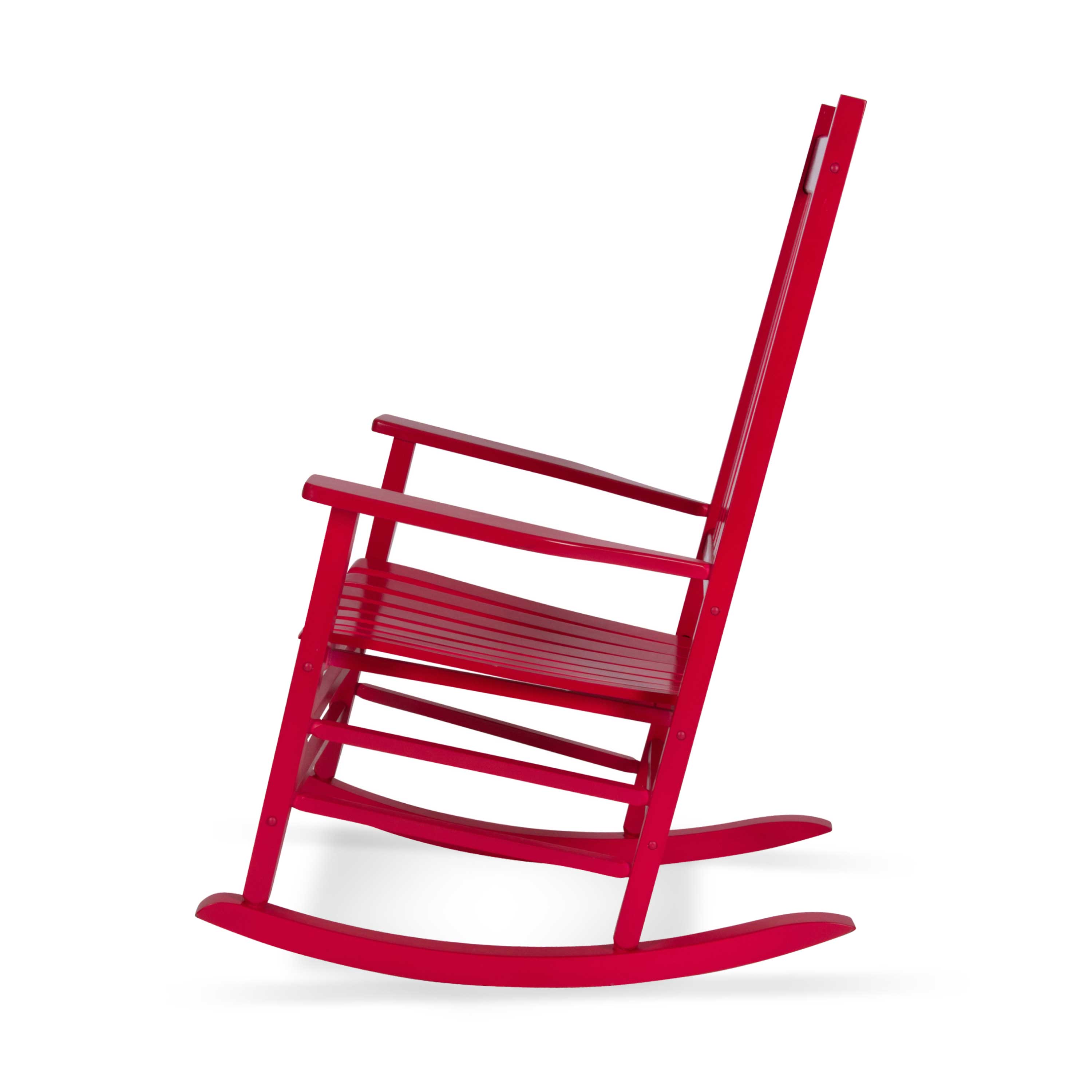 A classic wooden rocking chair in a vibrant red finish, shown from a side profile view against a clean white background. 
