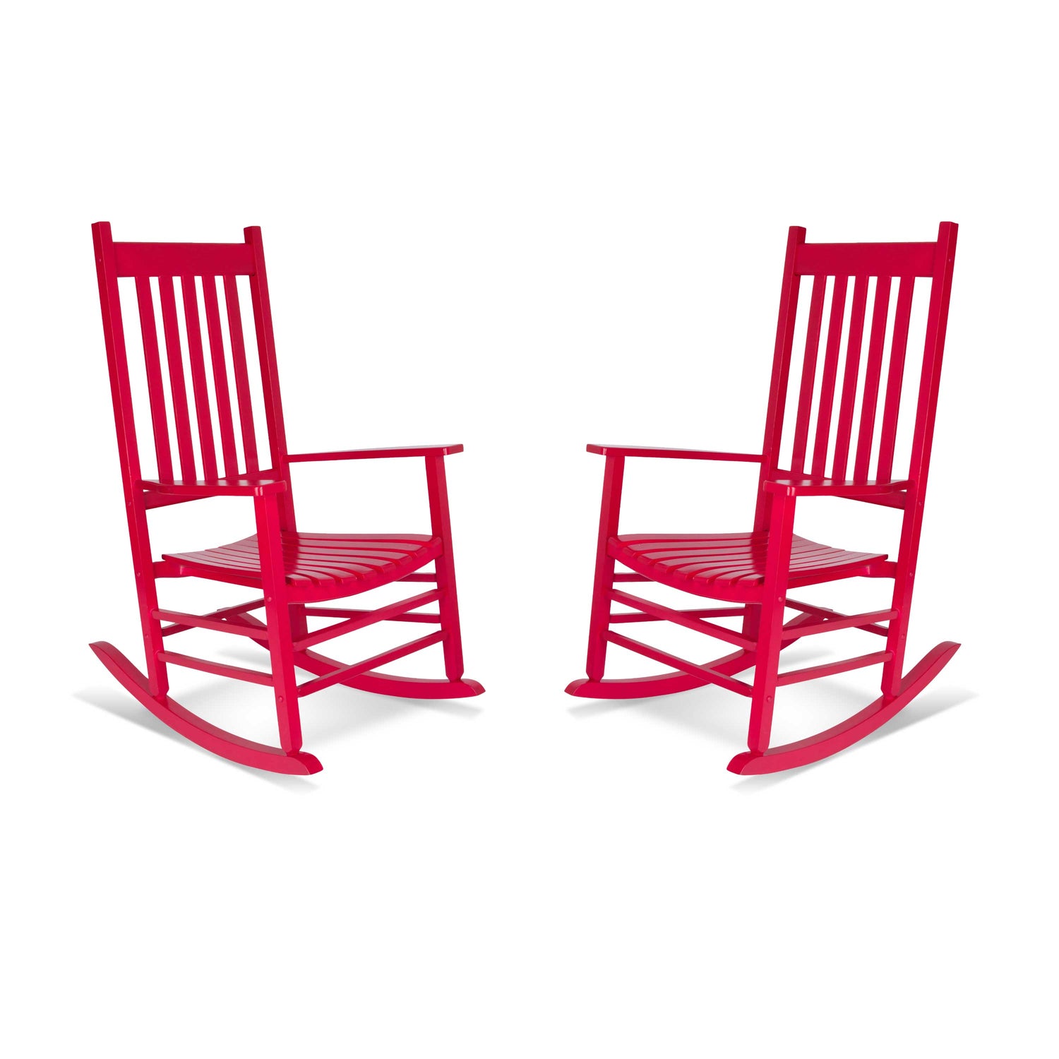 Two red rocking chairs on a white background 