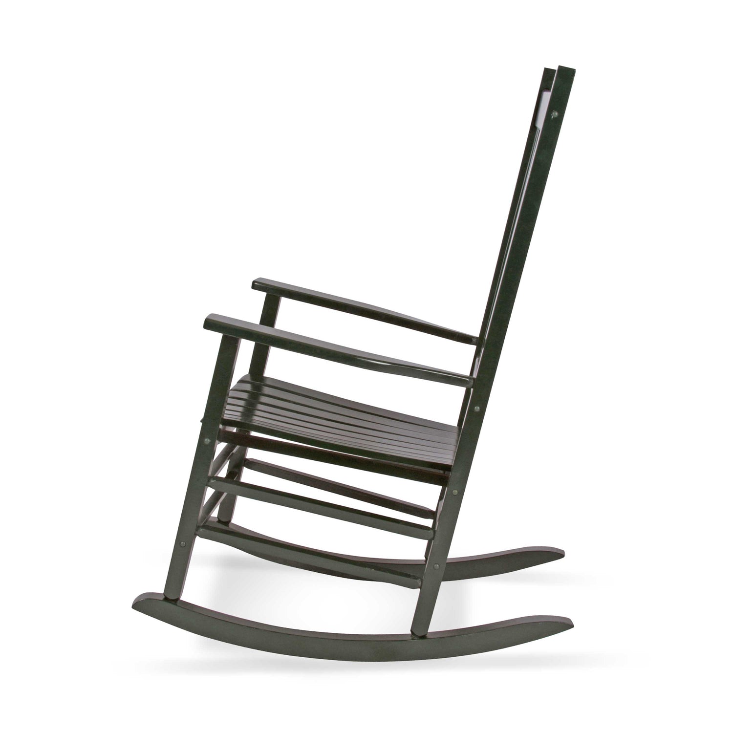 A dark forest green wooden rocking chair shown from a side angle against a plain white background. 