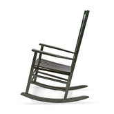 A dark forest green wooden rocking chair shown from a side angle against a plain white background. 