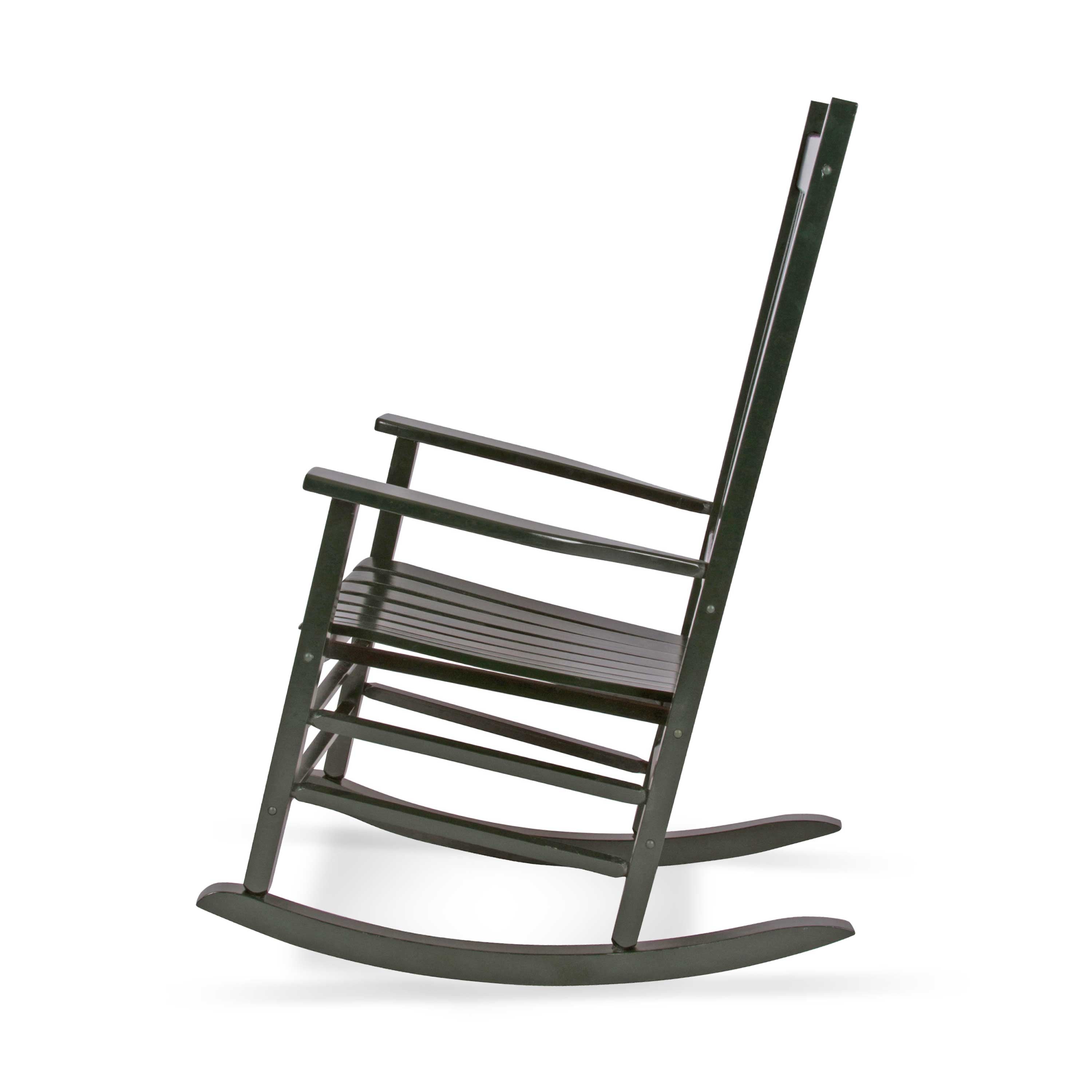 A dark forest green wooden rocking chair shown from a side angle against a plain white background. 