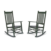 A pair of dark green outdoor rocking chairs with slatted backs and seats, shown on a plain white background. 