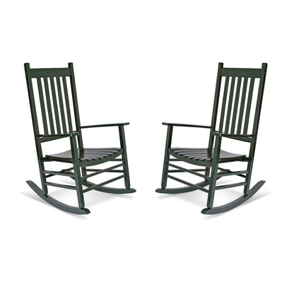 A pair of dark green outdoor rocking chairs with slatted backs and seats, shown on a plain white background. 