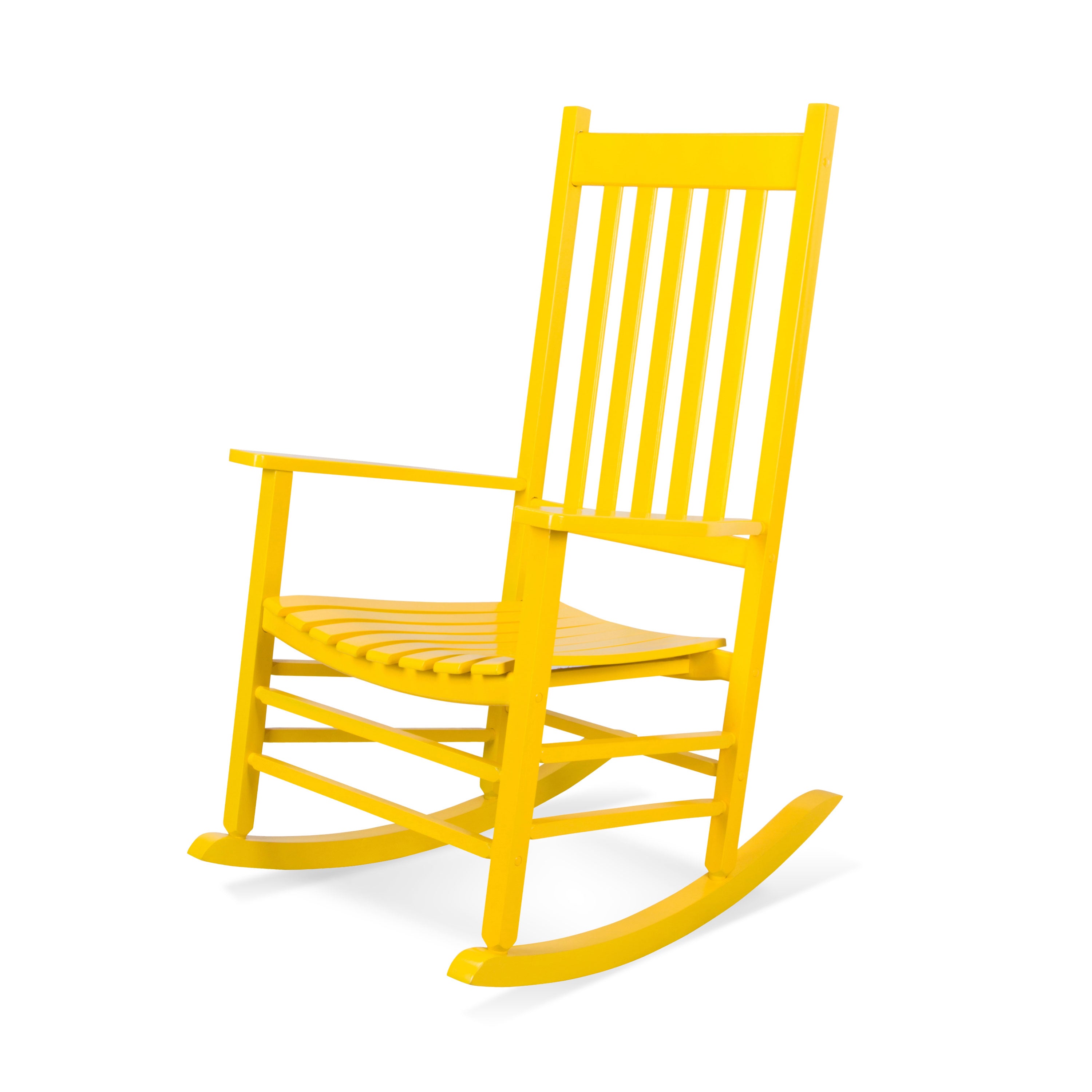 A bright yellow wooden rocking chair with a slatted back and seat, shown from a three-quarter angle on a white background. 