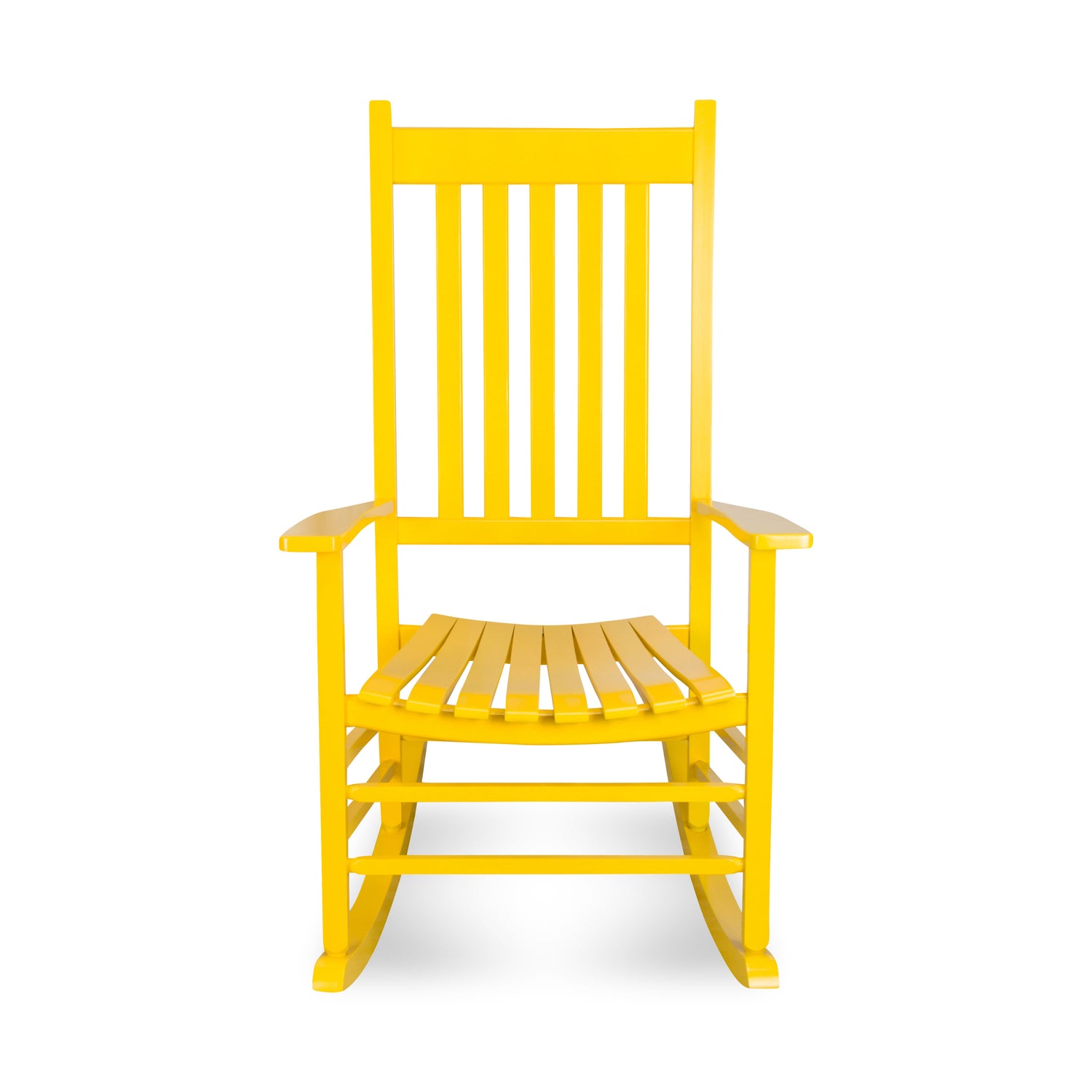 A bright yellow outdoor rocking chair with a tall slatted backrest, wide armrests, and a slatted seat, shown against a plain white background. 