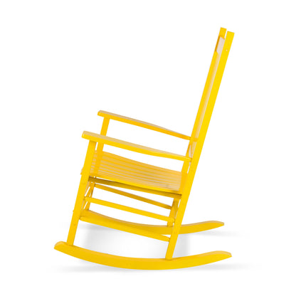 A bright yellow wooden rocking chair with a high back and curved rockers, shown from a side angle on a white background. 