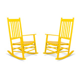 Two bright yellow outdoor rocking chairs shown side by side on a clean white background. 