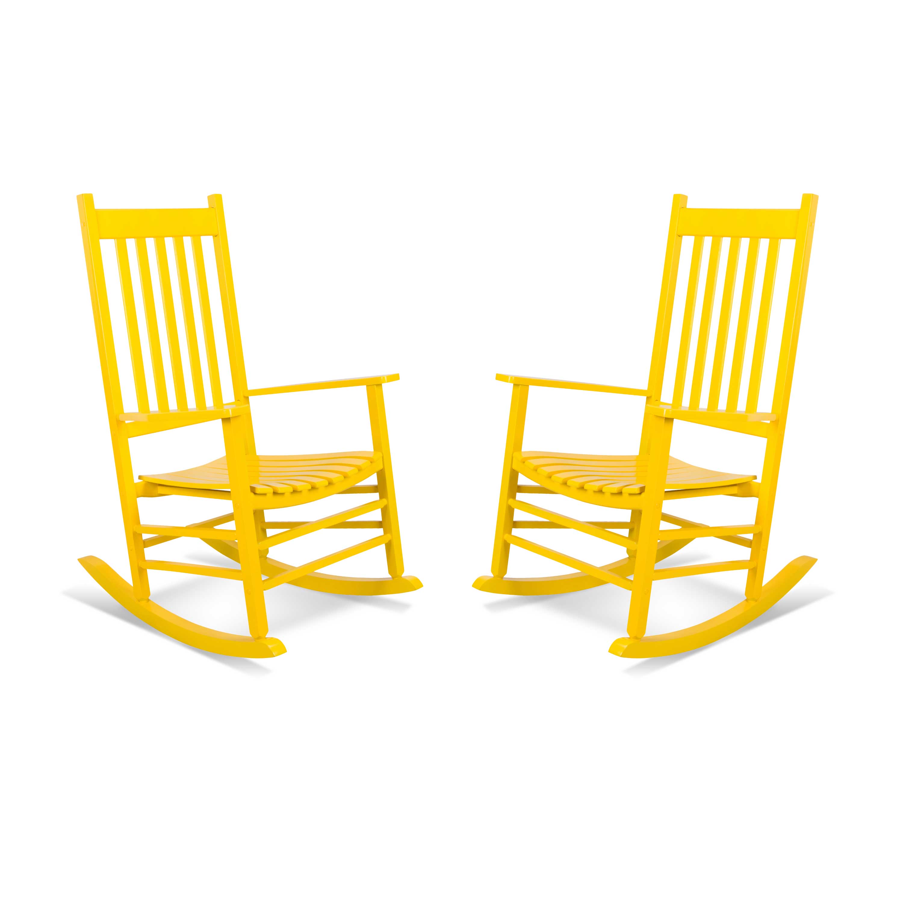 Two bright yellow outdoor rocking chairs shown side by side on a clean white background. 