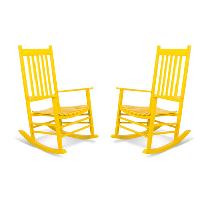 Two bright yellow outdoor rocking chairs shown side by side on a clean white background. 