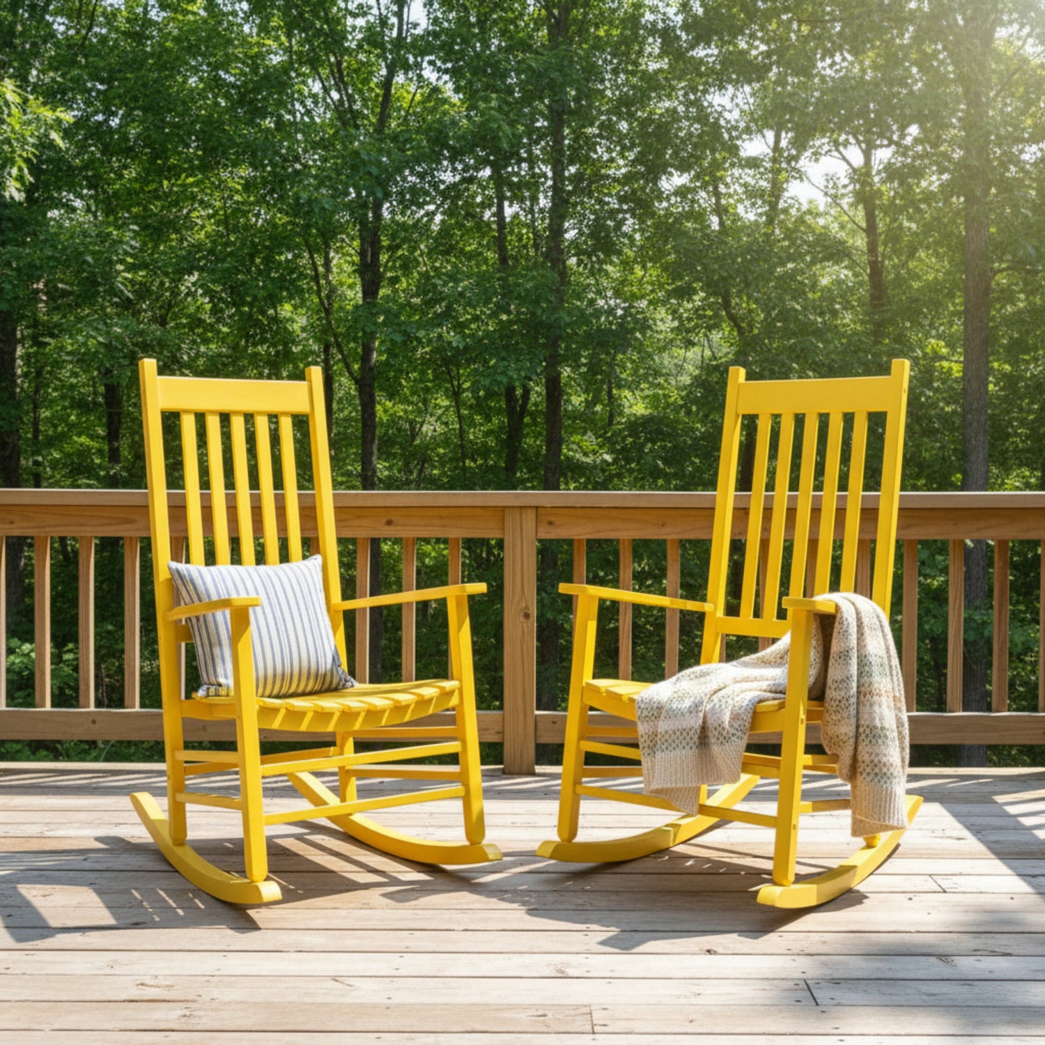 Two bright yellow outdoor rocking chairs on a wooden deck with a green forest background. One chair has a striped pillow, and the other has a beige throw blanket. 