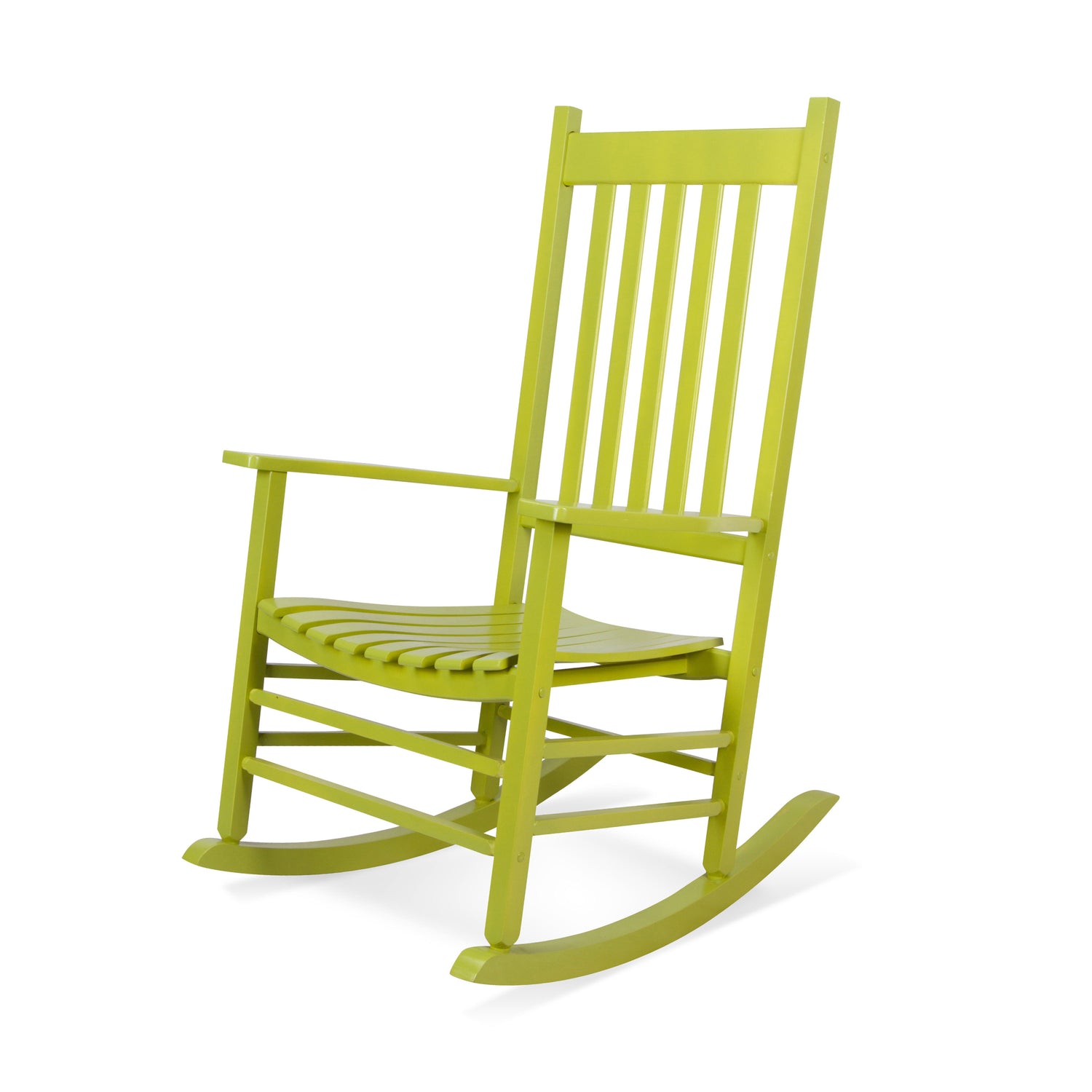 A bright lime green wooden rocking chair with a slatted back and seat, shown from a three-quarter angle on a white background. 