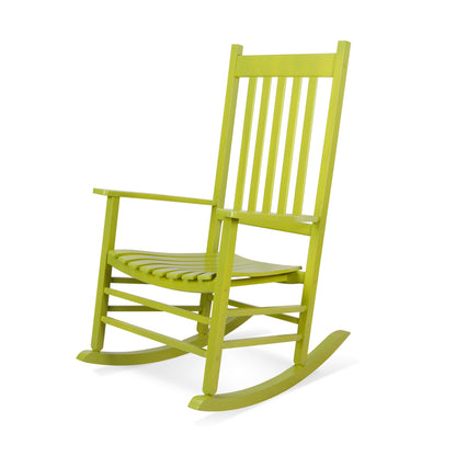 A bright lime green wooden rocking chair with a slatted back and seat, shown from a three-quarter angle on a white background. 