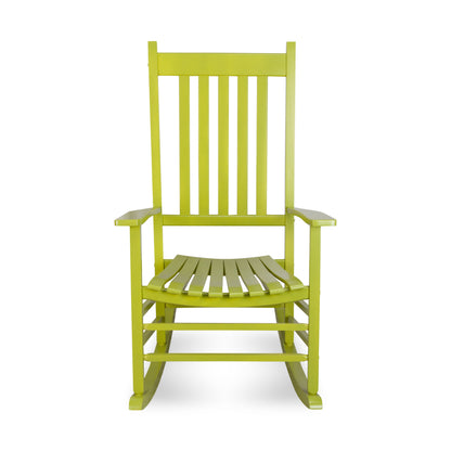 A bright lime green outdoor rocking chair with a tall slatted backrest and curved rockers, shown against a plain white background. 