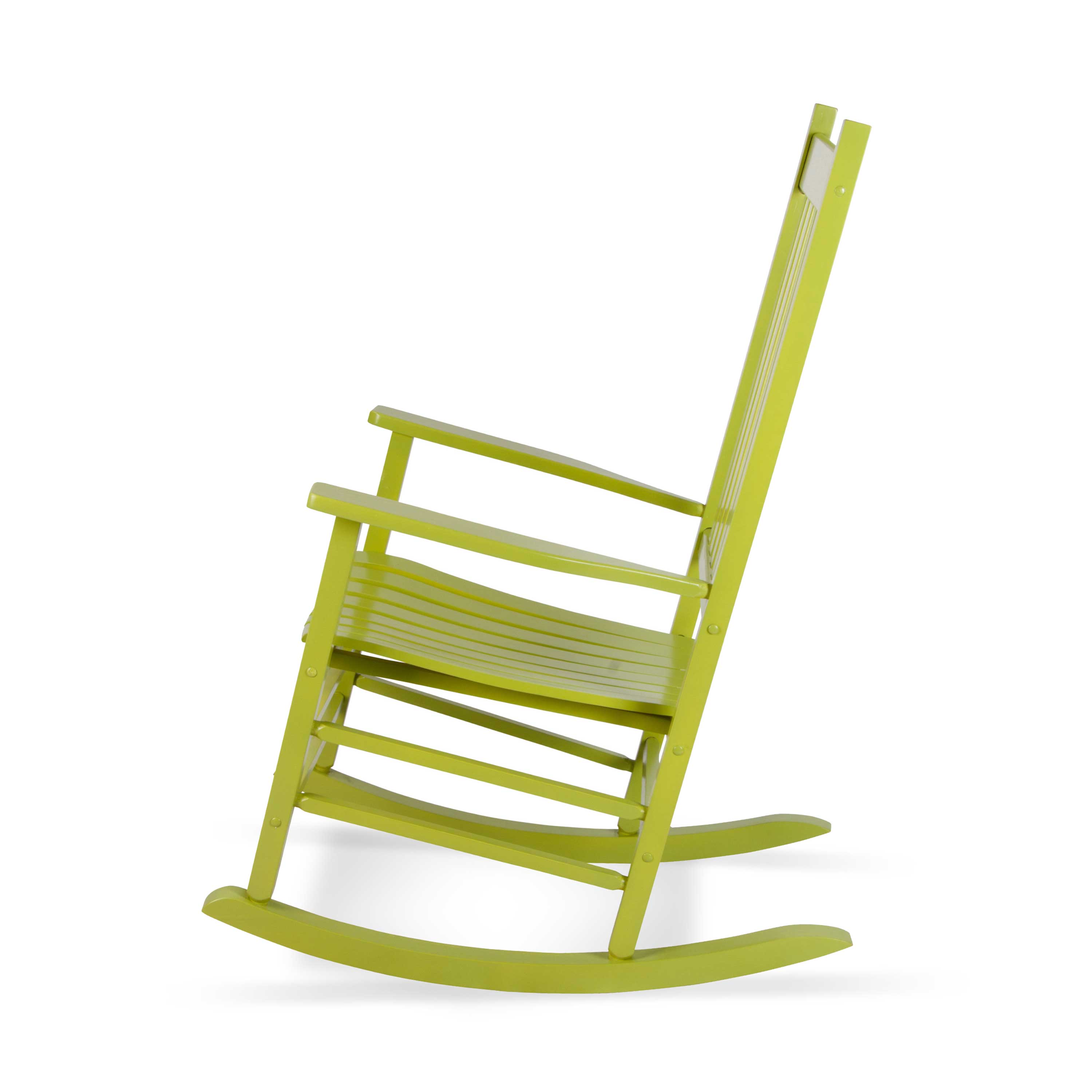 A lime green wooden rocking chair shown from a side angle against a plain white background. 