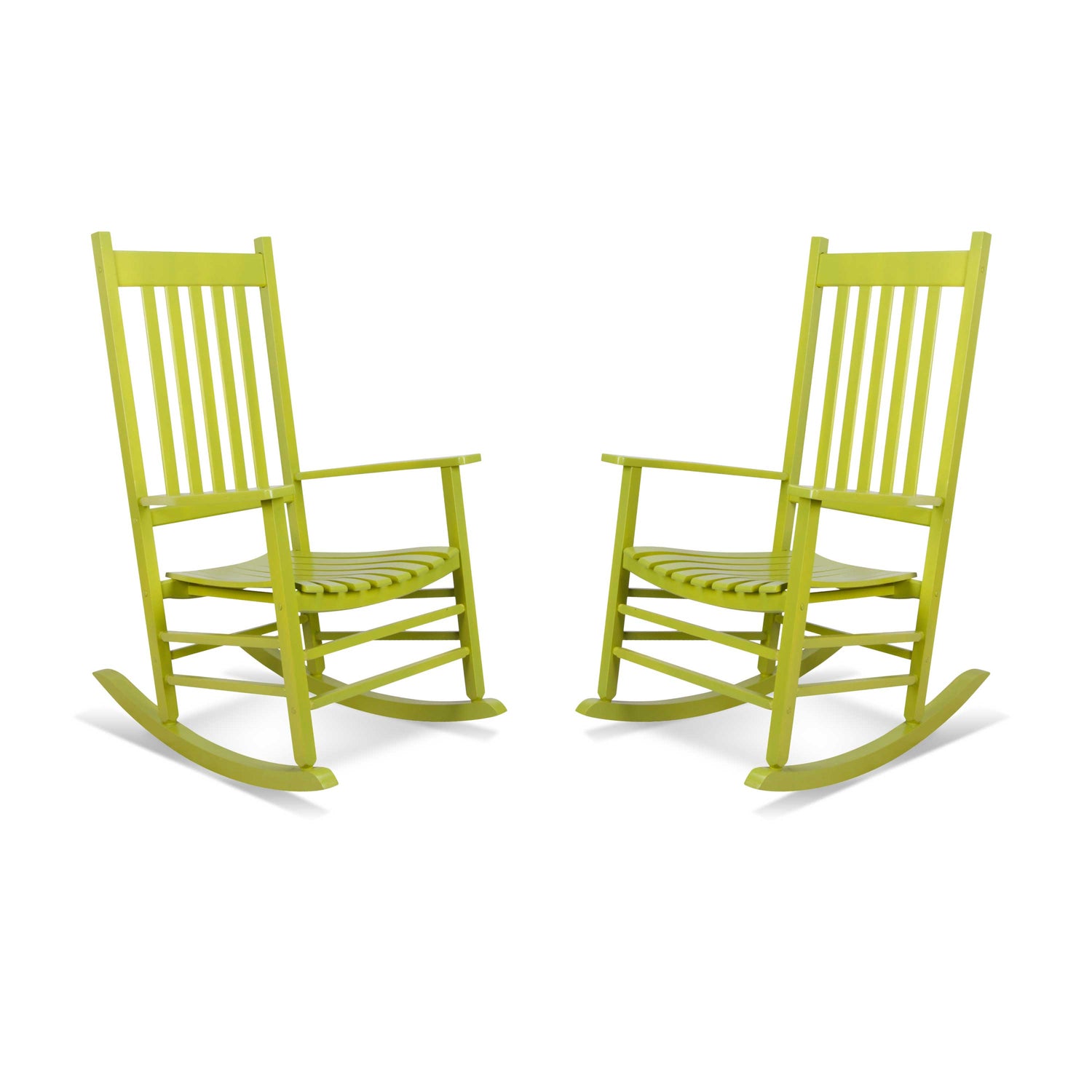Two lime green rocking chairs on a white background 