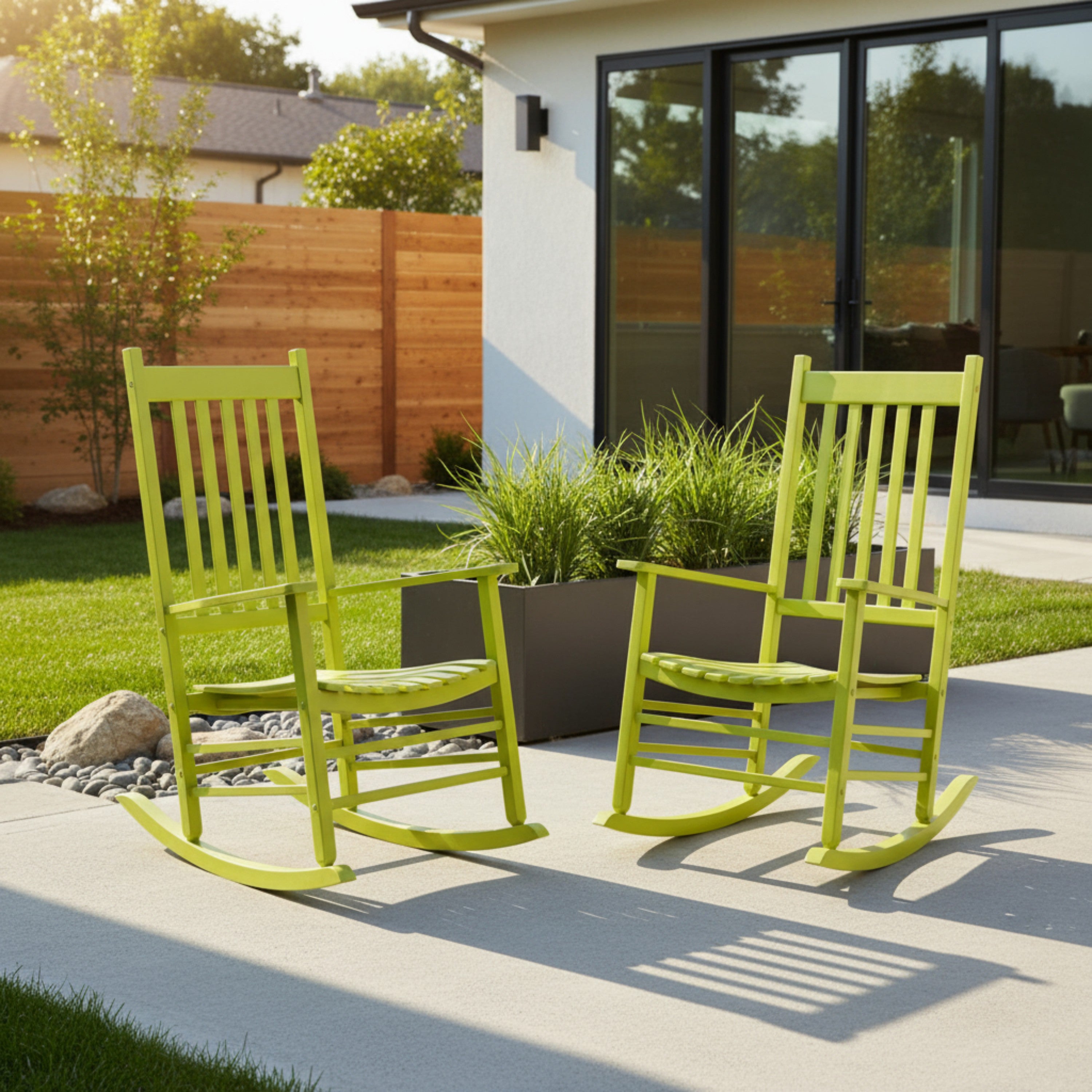 Two bright lime green outdoor rocking chairs placed on a concrete patio in front of a modern house with large black-framed glass windows, grass, shrubs, and a wooden fence. 