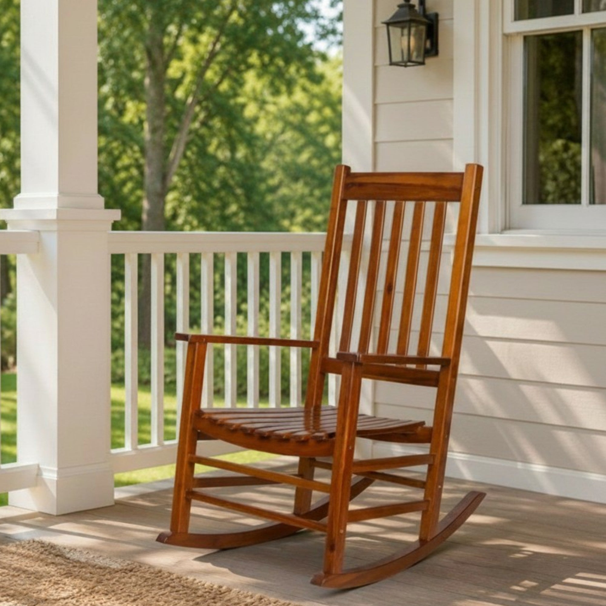 A wooden rocking chair with a warm brown finish sits on a porch next to a white column, with a green lawn and trees visible in the background. 