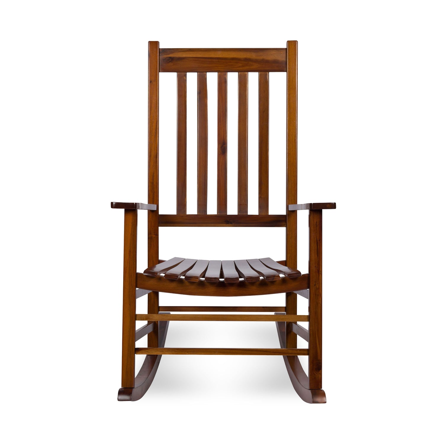 A classic wooden rocking chair with a slatted backrest and seat, shown from the front against a plain white background. 