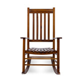 A classic wooden rocking chair with a slatted backrest and seat, shown from the front against a plain white background. 