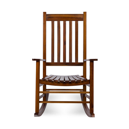 A classic wooden rocking chair with a slatted backrest and seat, shown from the front against a plain white background. 