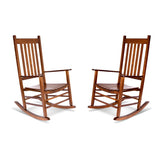 Two wooden rocking chairs with a warm medium-brown finish, shown side by side on a plain white background. 