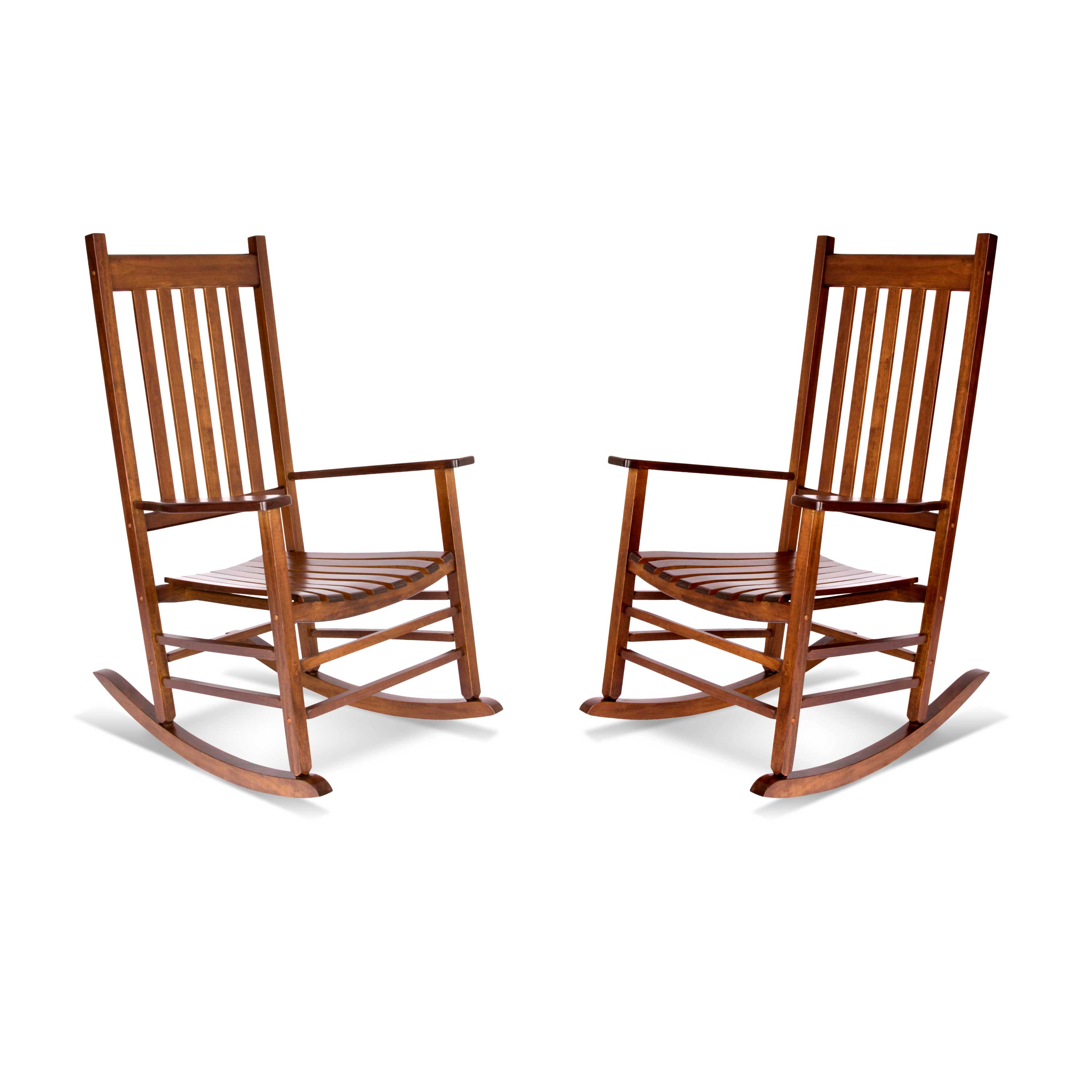 Two wooden rocking chairs with a warm medium-brown finish, shown side by side on a plain white background. 