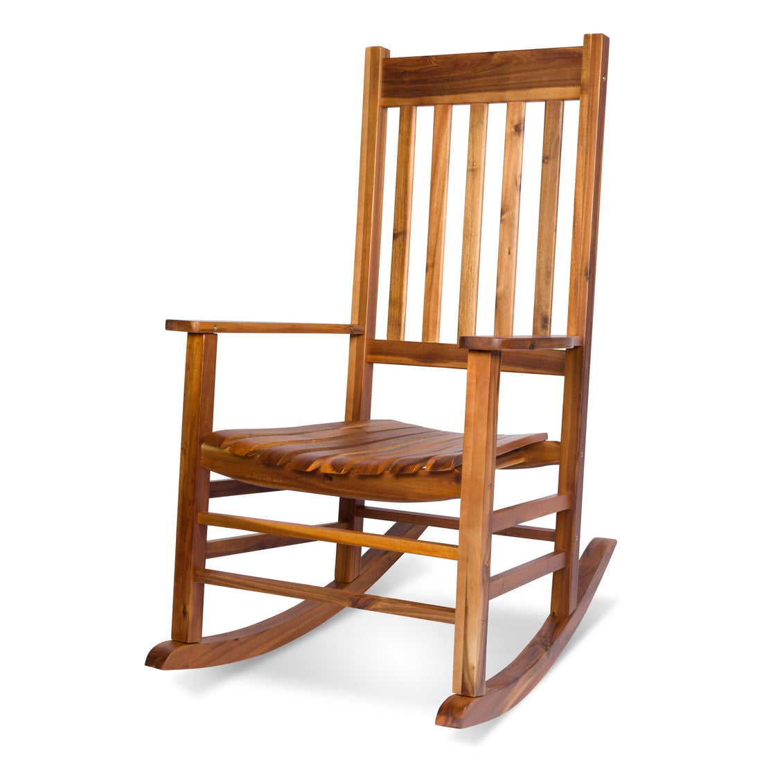 A wooden rocking chair with a high slatted backrest, armrests, and a slatted seat cushion, shown on a plain white background. 