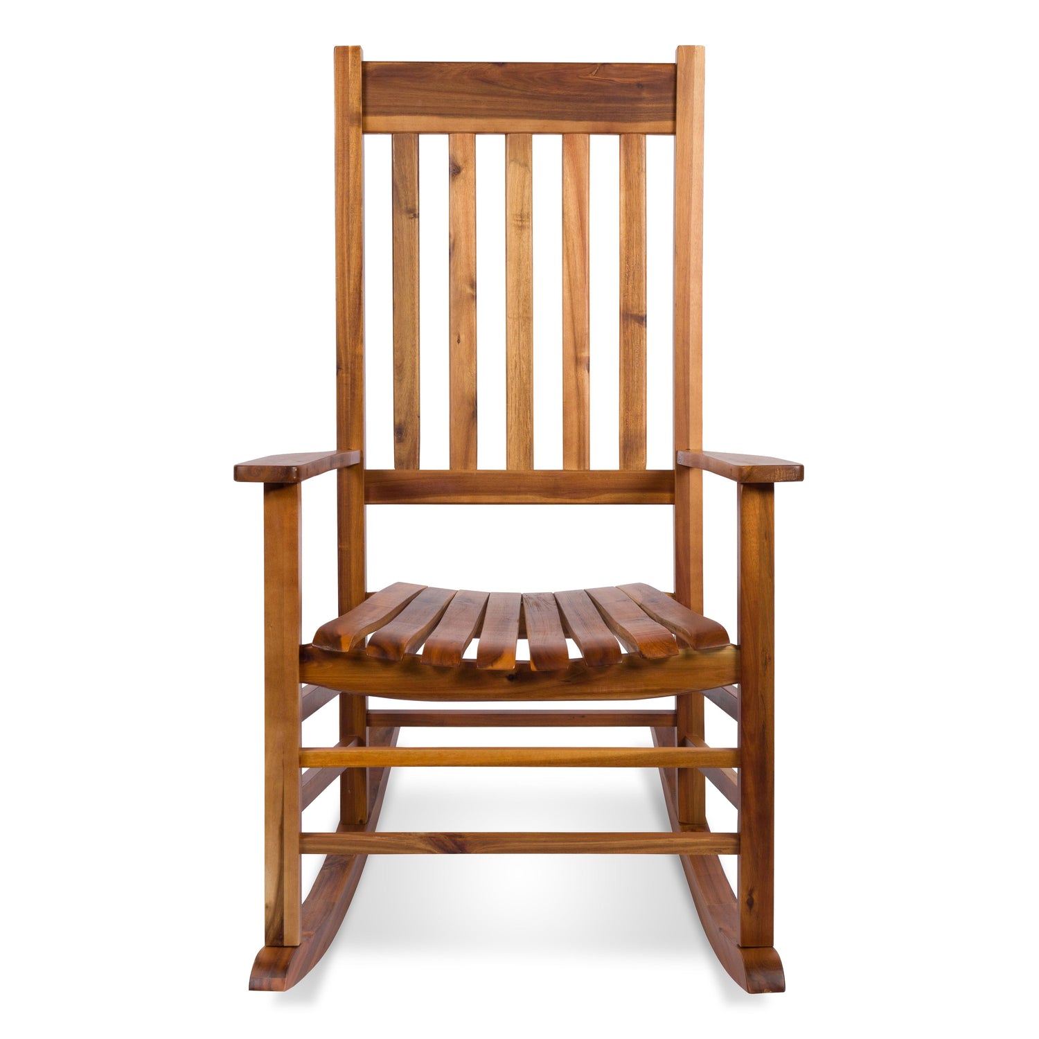 A wooden rocking chair with a tall slatted backrest, armrests, and a slatted seat, shown against a plain white background. 