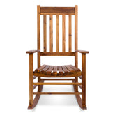 A wooden rocking chair with a tall slatted backrest, armrests, and a slatted seat, shown against a plain white background. 