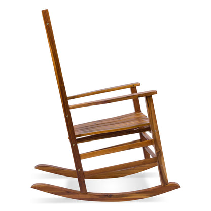 A wooden rocking chair with a warm medium-brown finish, shown from a three-quarters angle against a plain white background. 