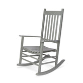 A gray wooden rocking chair with a slatted back and seat, shown from a three-quarter angle on a white background. 