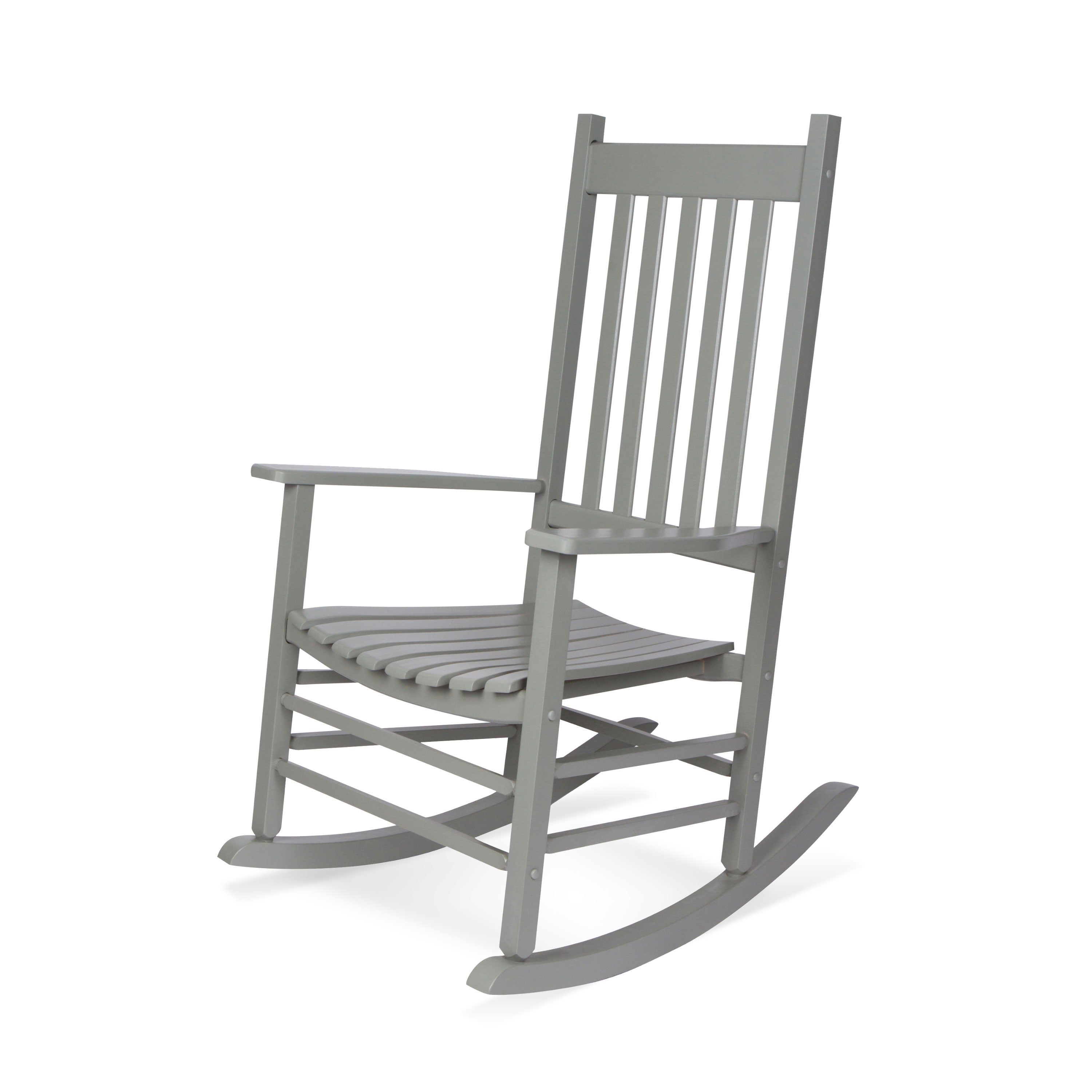 A gray wooden rocking chair with a slatted back and seat, shown from a three-quarter angle on a white background. 